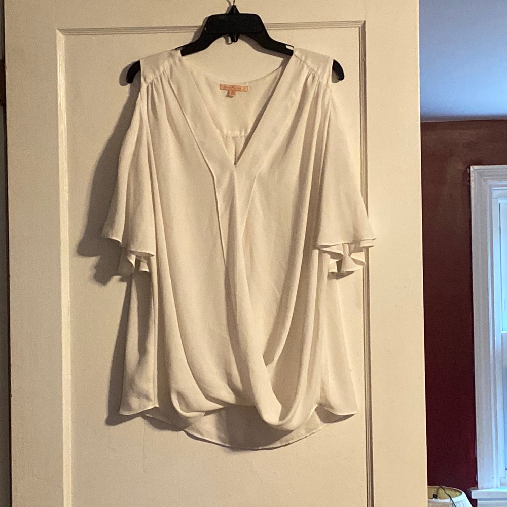 Sheer wrap cold shoulder white blouse